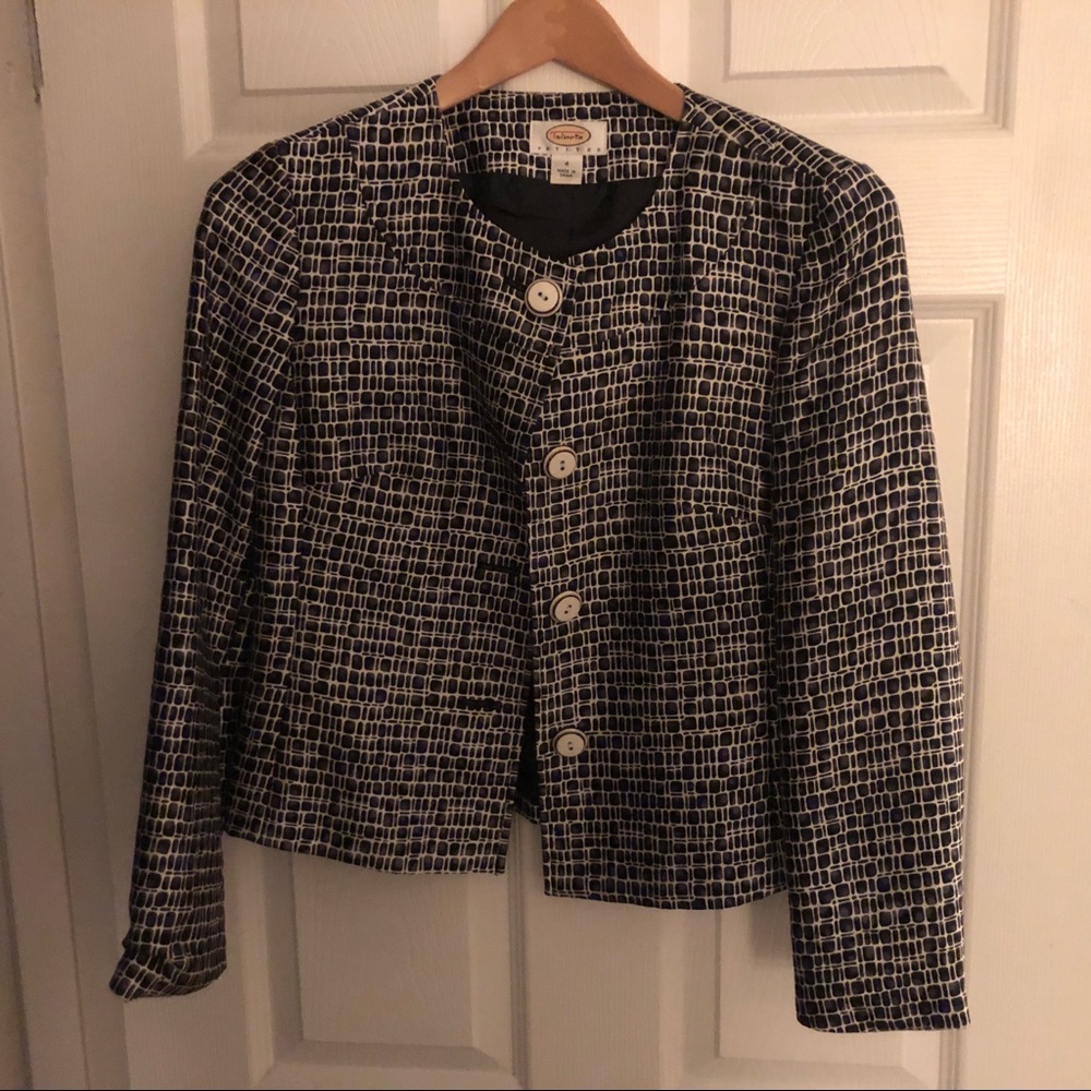 Talbots Petites 4 silk blazer jacket black white patterned beautiful EUC 4P